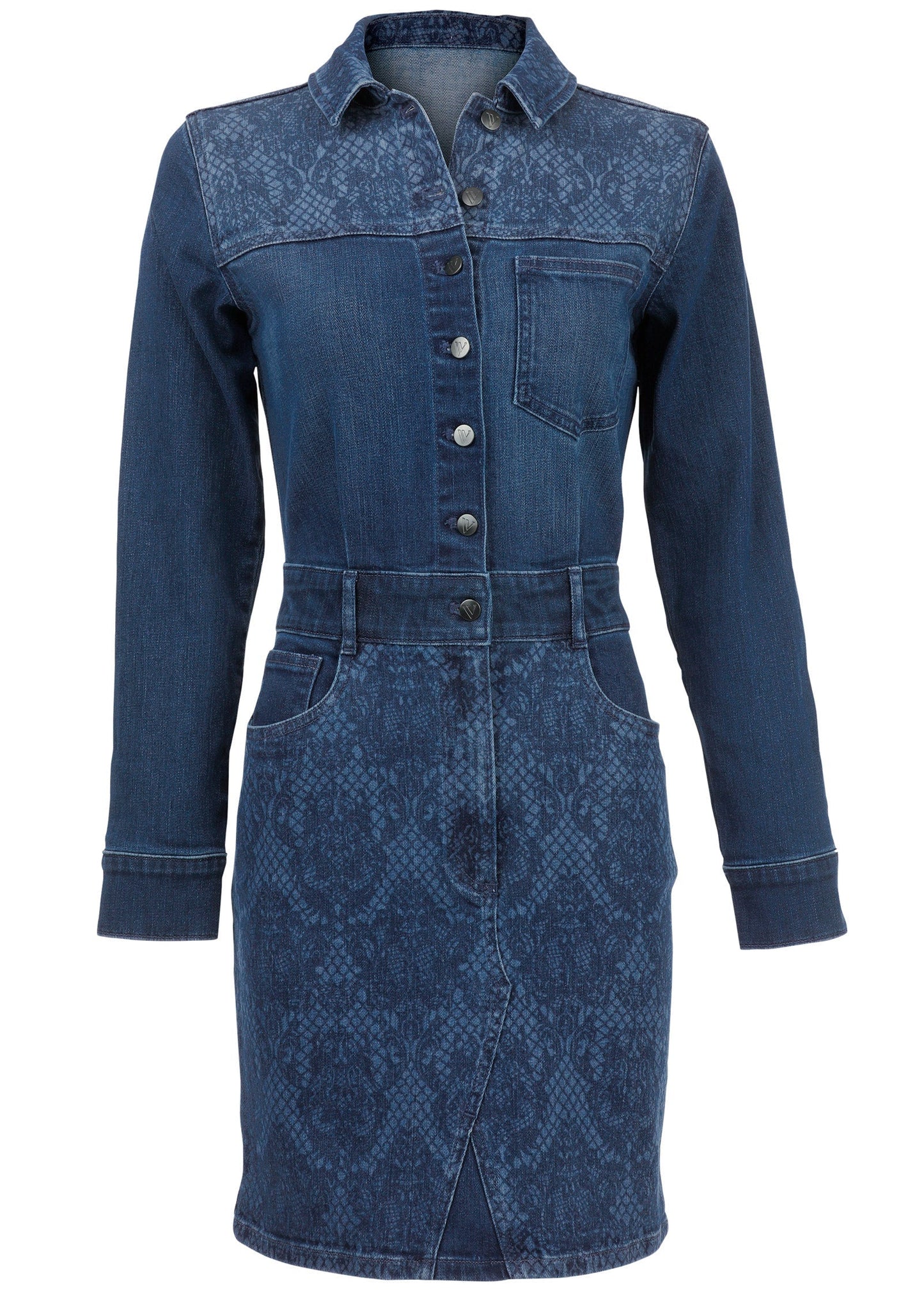 Lace Print Denim Mini Dress - Medium Wash | Venus Affordable