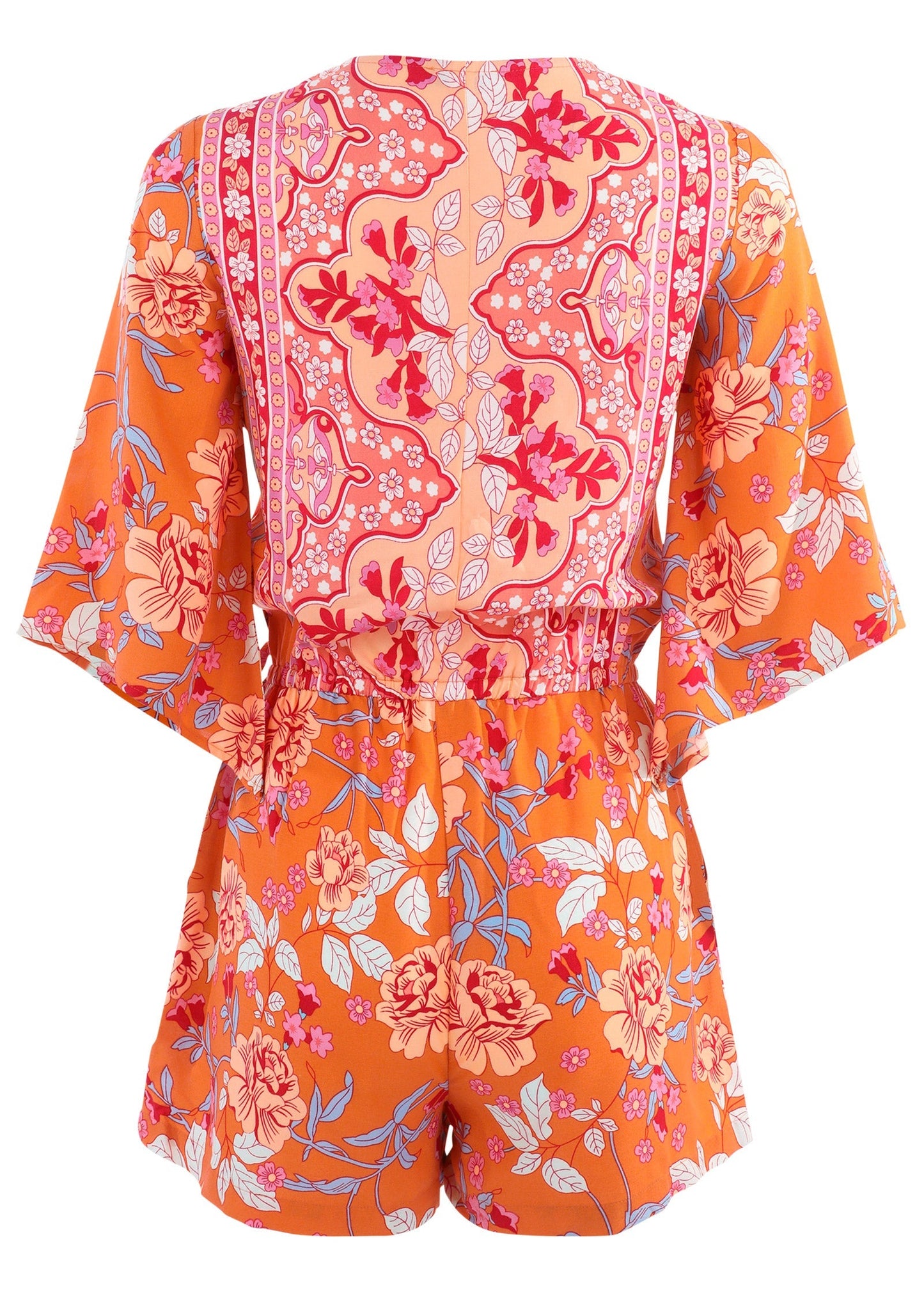 3/4 Sleeve Printed Romper - Orange Multi | Venus Popular Choice