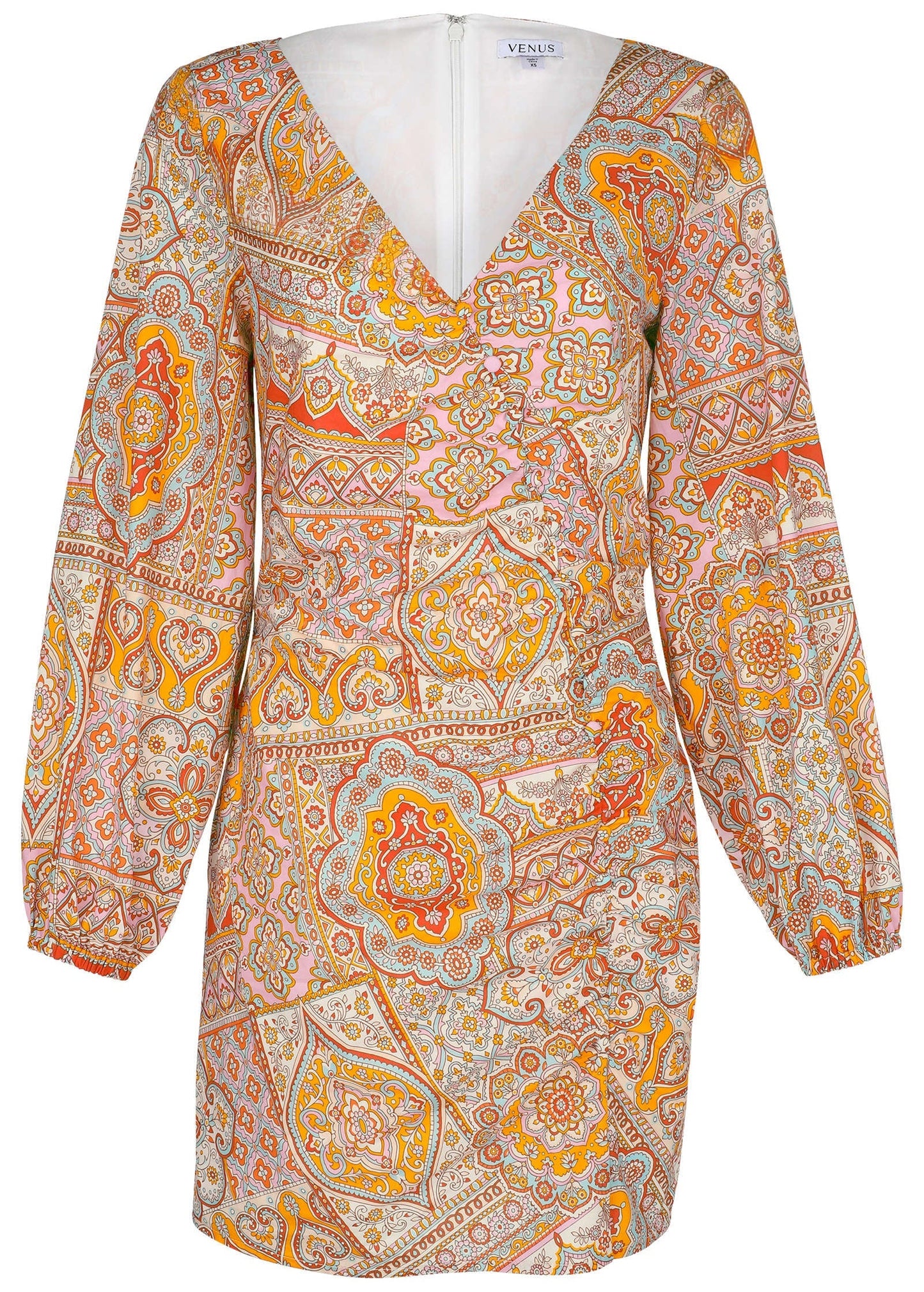 Balloon Sleeve Mini Dress - Medallion Golden Patchwork | Venus Cost Saving