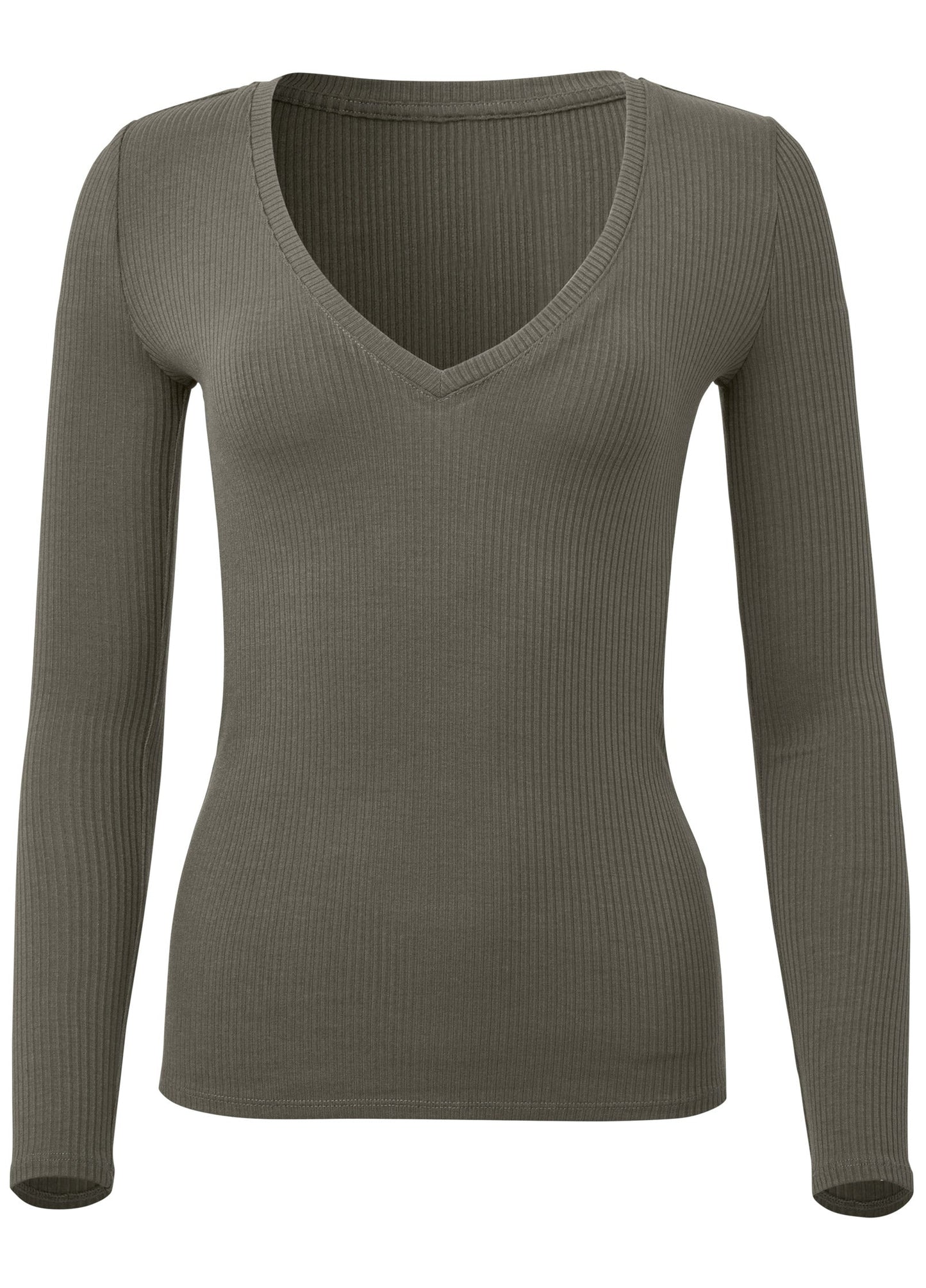 Ribbed Long Sleeve V-Neck - Olive | Venus Special Offer