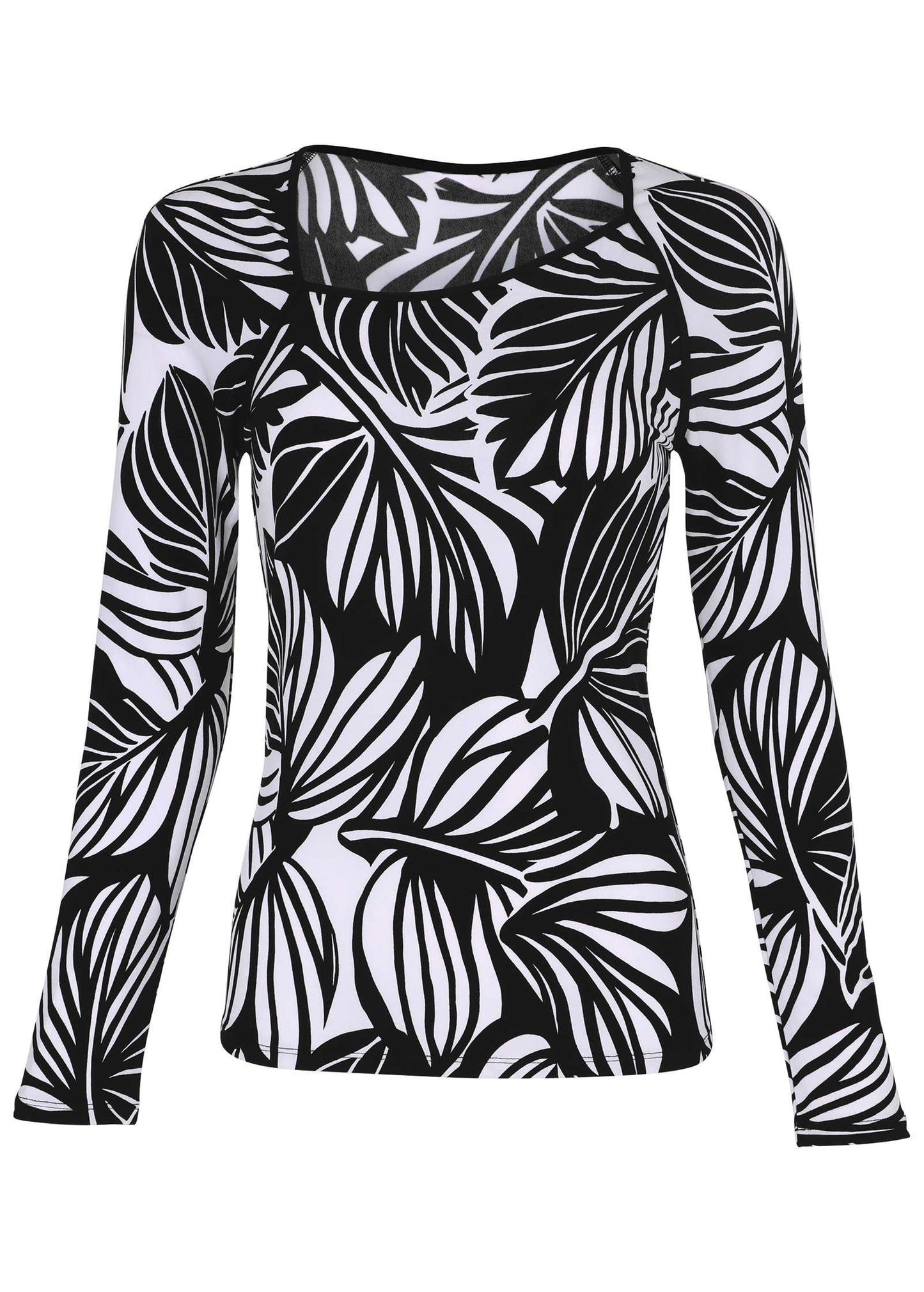 Asymmetric Neck Top - Black Contrast Bold Leaves | Venus Limited Edition