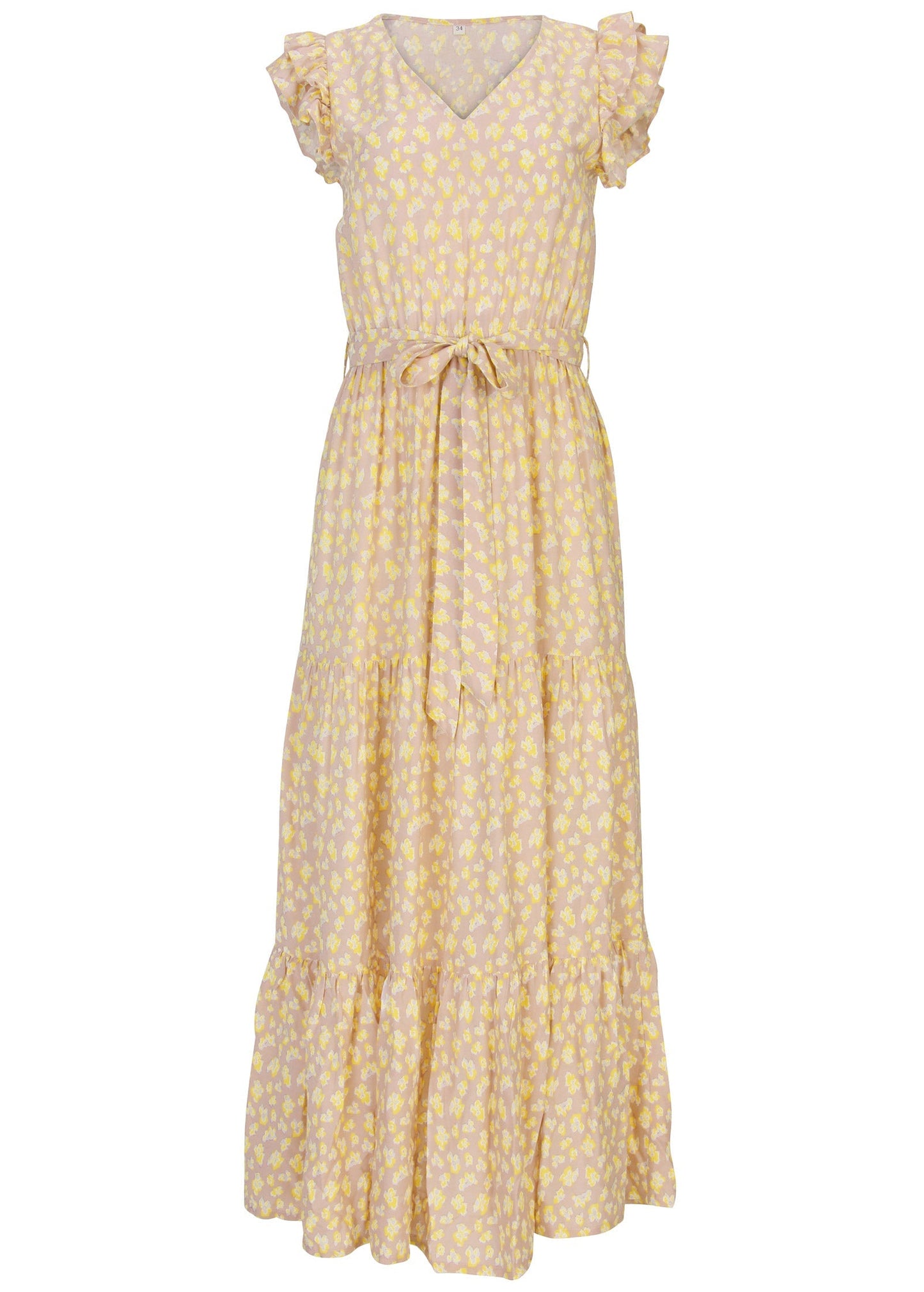 Belted Flutter Sleeve Maxi Dress - Peach & White | Venus Cost Saving