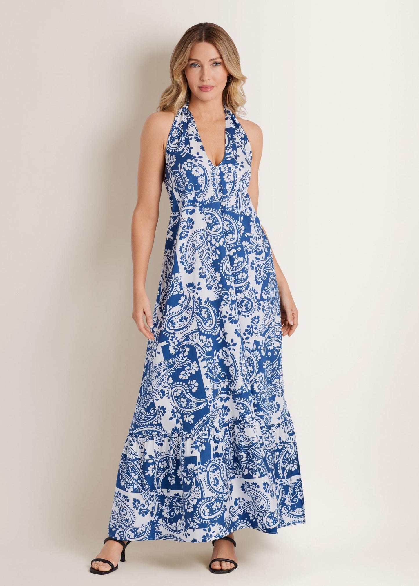 Deep V-Neck Halter Maxi Dress Patched Paisley Blue | Venus Budget Friendly