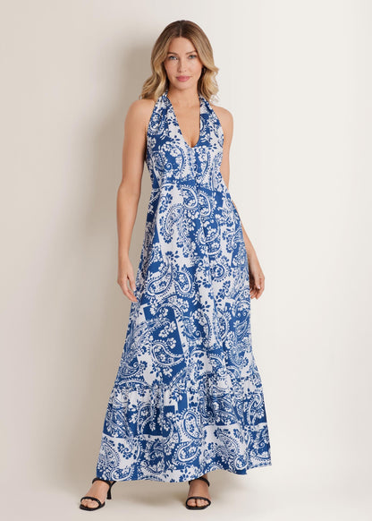 Deep V-Neck Halter Maxi Dress Patched Paisley Blue | Venus Budget Friendly