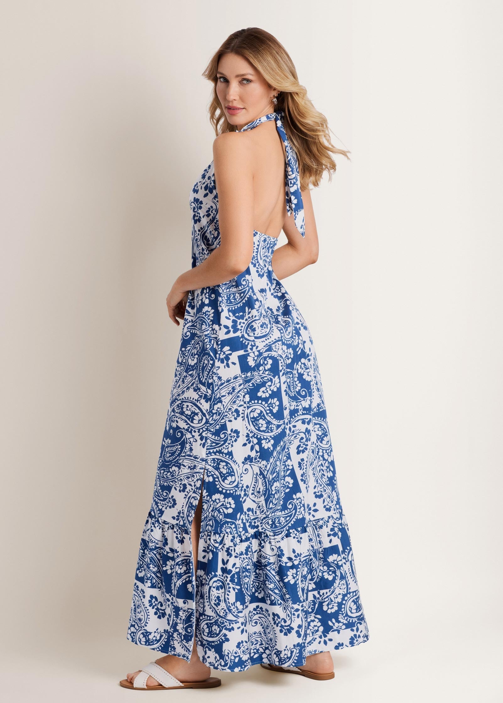 Deep V-Neck Halter Maxi Dress Patched Paisley Blue | Venus Budget Friendly