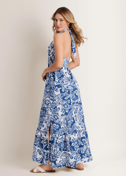 Deep V-Neck Halter Maxi Dress Patched Paisley Blue | Venus Budget Friendly