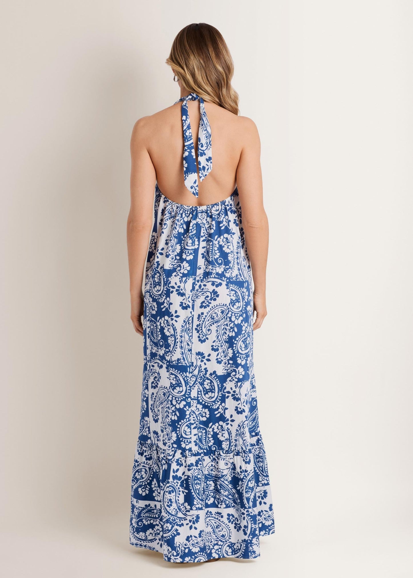 Deep V-Neck Halter Maxi Dress Patched Paisley Blue | Venus Budget Friendly