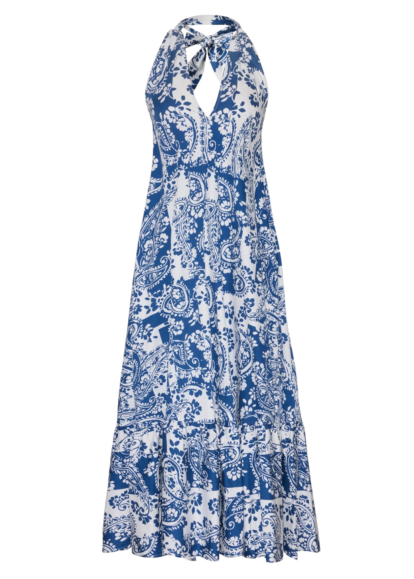 Deep V-Neck Halter Maxi Dress Patched Paisley Blue | Venus Budget Friendly