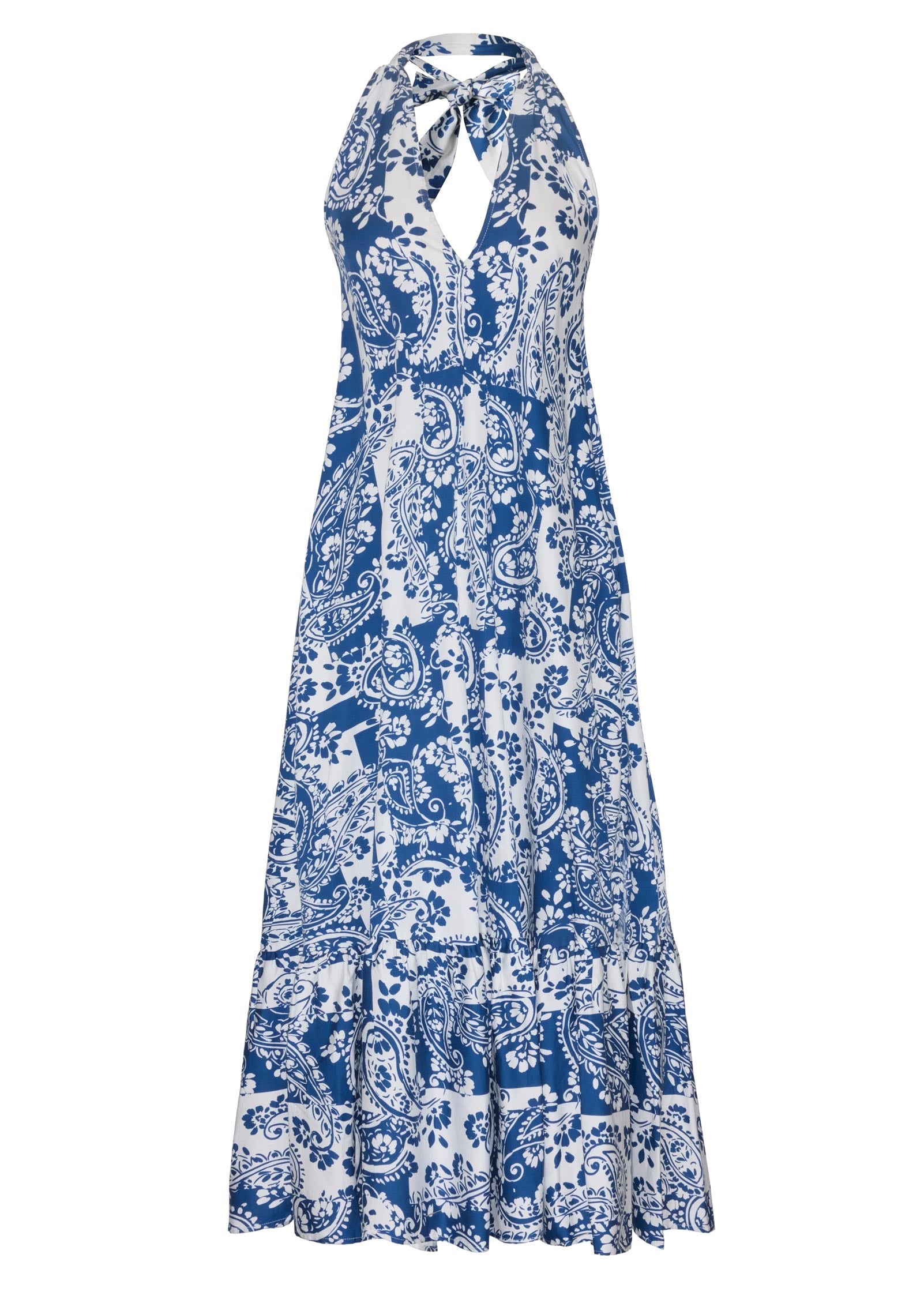 Deep V-Neck Halter Maxi Dress Patched Paisley Blue | Venus Budget Friendly