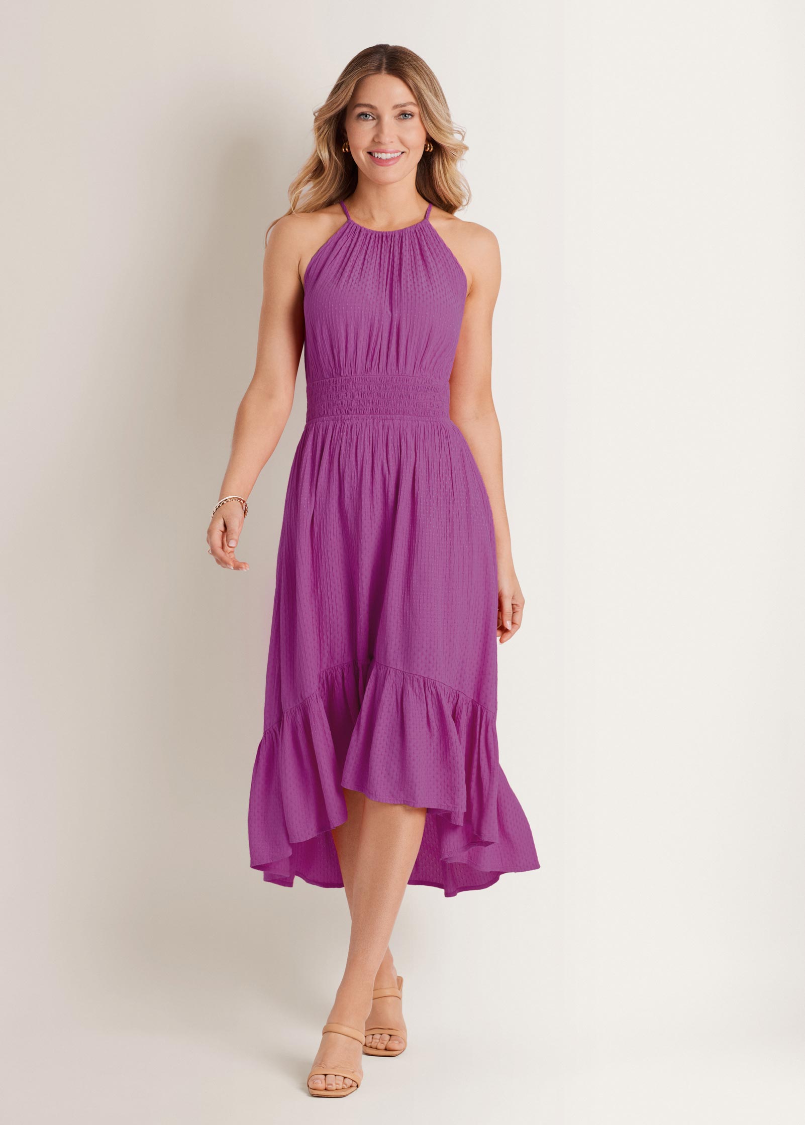 Dotted Viscose Textured Hi-Low Halter Maxi Dress Cateleya Orchid | Venus Great Deal