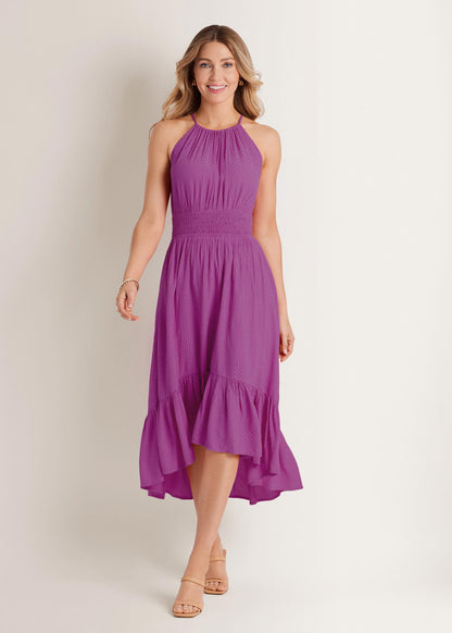 Dotted Viscose Textured Hi-Low Halter Maxi Dress Cateleya Orchid | Venus Great Deal
