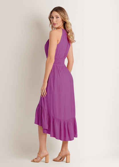 Dotted Viscose Textured Hi-Low Halter Maxi Dress Cateleya Orchid | Venus Great Deal