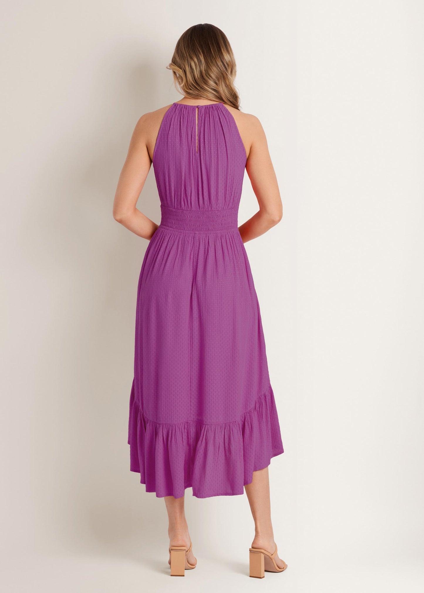 Dotted Viscose Textured Hi-Low Halter Maxi Dress Cateleya Orchid | Venus Great Deal