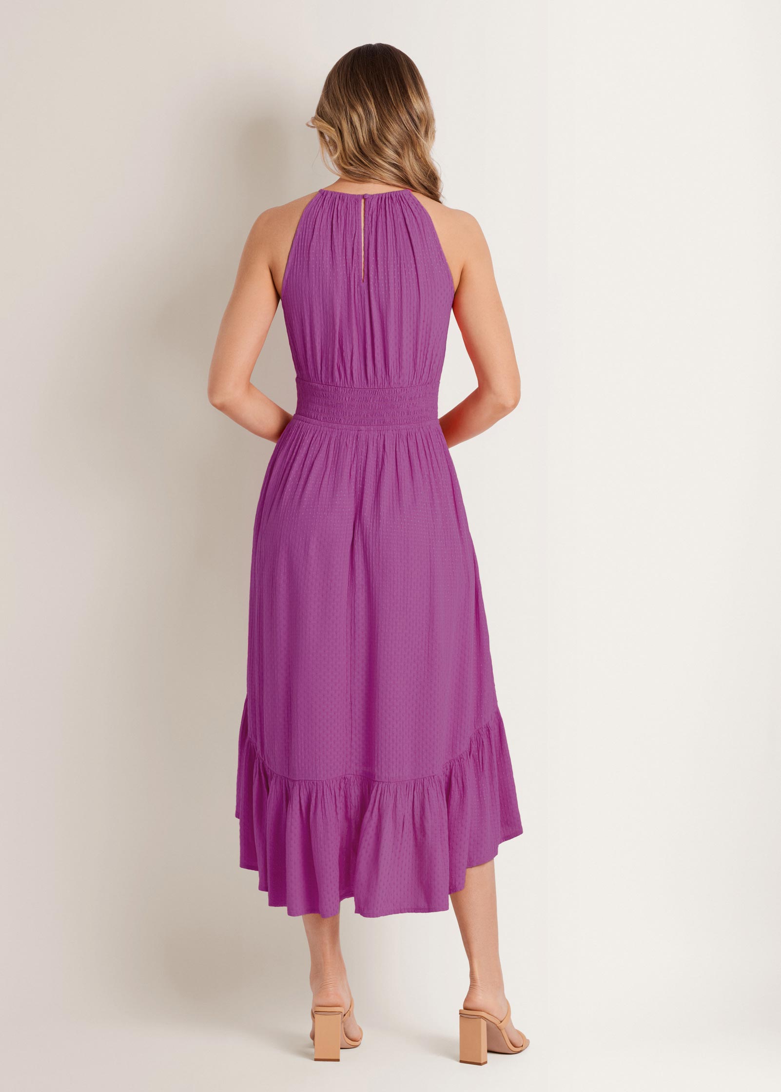 Dotted Viscose Textured Hi-Low Halter Maxi Dress Cateleya Orchid | Venus Great Deal