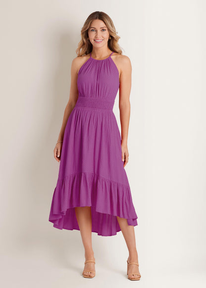 Dotted Viscose Textured Hi-Low Halter Maxi Dress Cateleya Orchid | Venus Great Deal