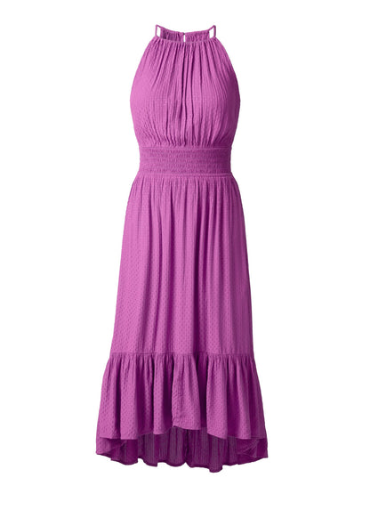 Dotted Viscose Textured Hi-Low Halter Maxi Dress Cateleya Orchid | Venus Great Deal