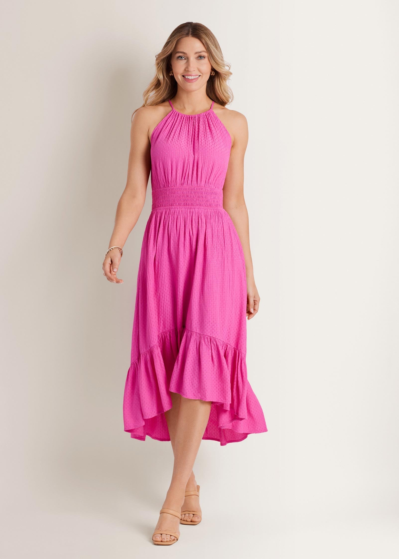 Dotted Viscose Textured Hi-Low Halter Maxi Dress Fushia Fedora | Venus Sale