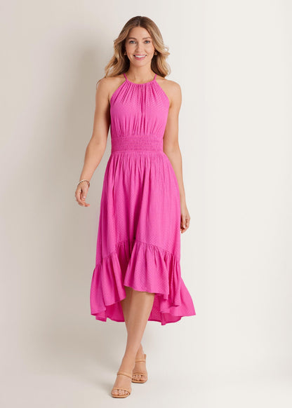 Dotted Viscose Textured Hi-Low Halter Maxi Dress Fushia Fedora | Venus Sale