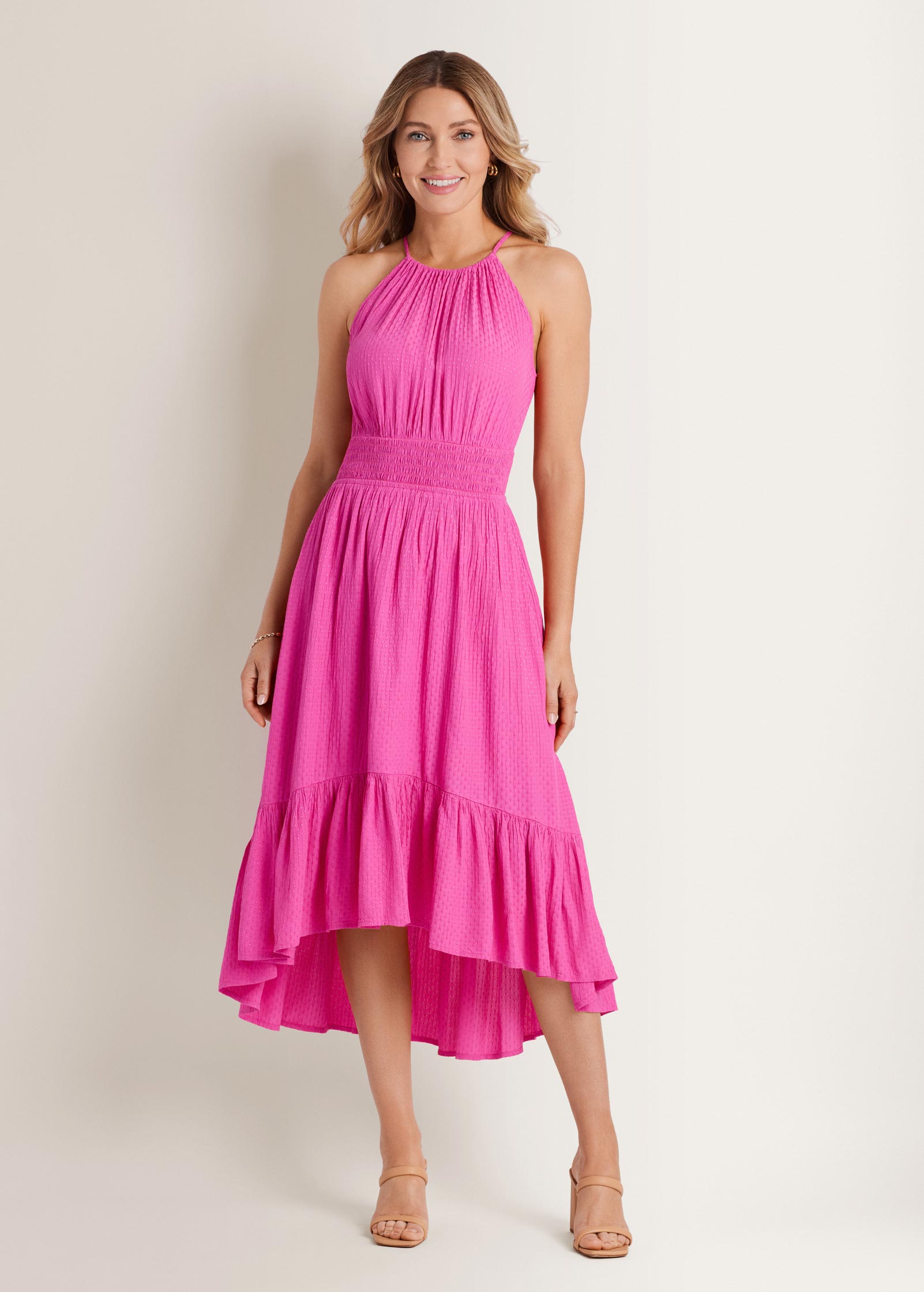Dotted Viscose Textured Hi-Low Halter Maxi Dress Fushia Fedora | Venus Sale