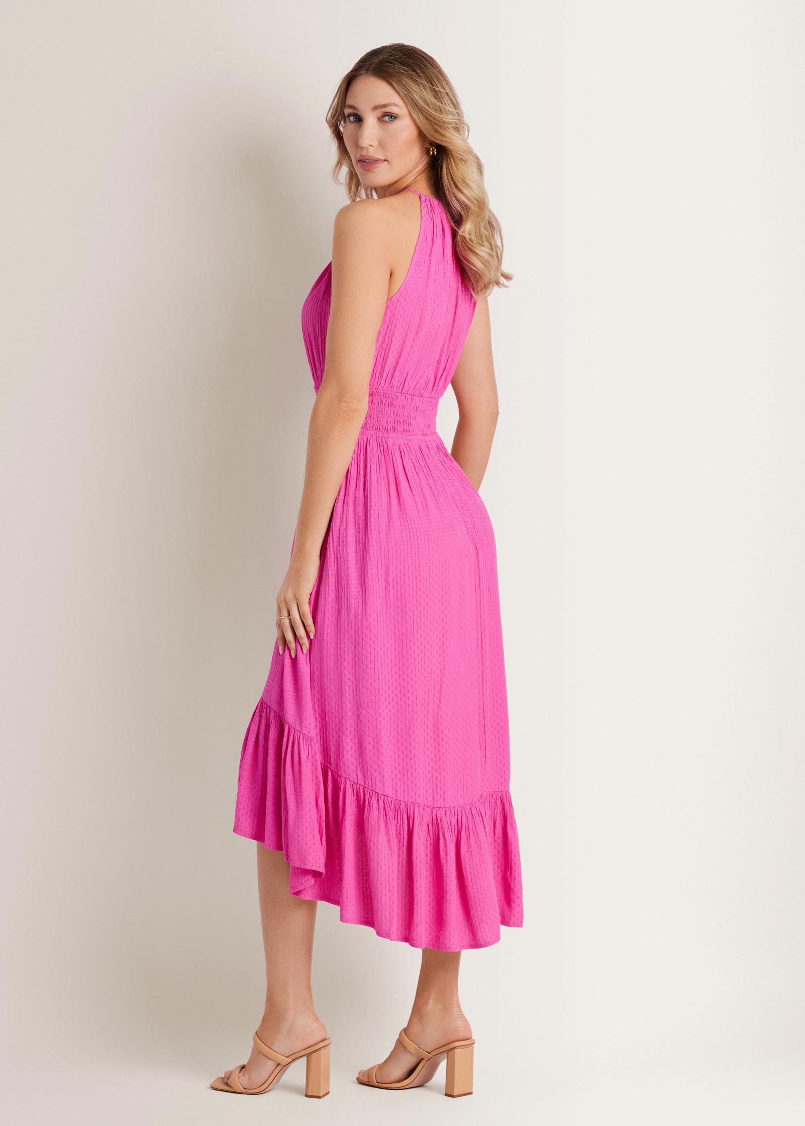 Dotted Viscose Textured Hi-Low Halter Maxi Dress Fushia Fedora | Venus Sale