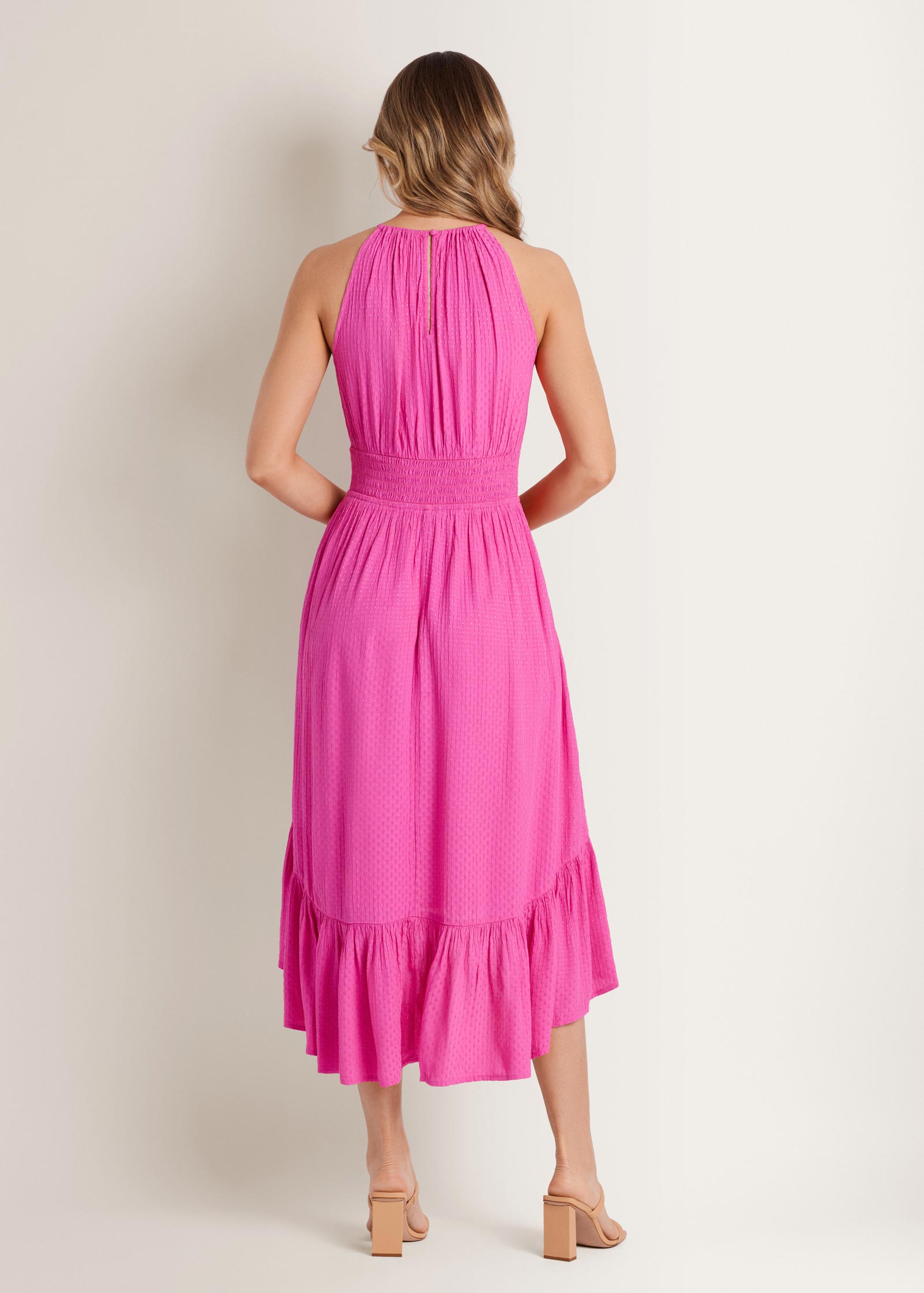 Dotted Viscose Textured Hi-Low Halter Maxi Dress Fushia Fedora | Venus Sale