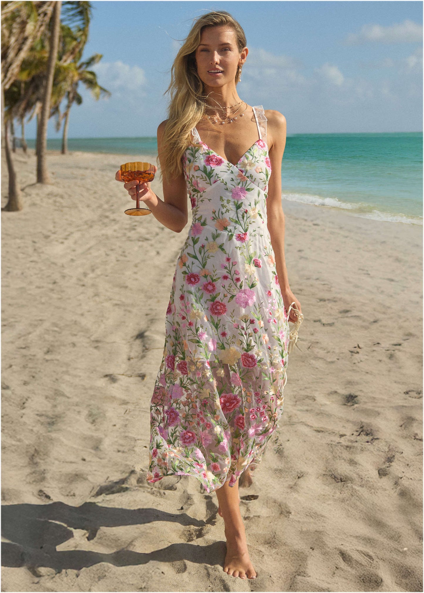 Sheer Embroidered Maxi Dress White Multi | Venus Affordable