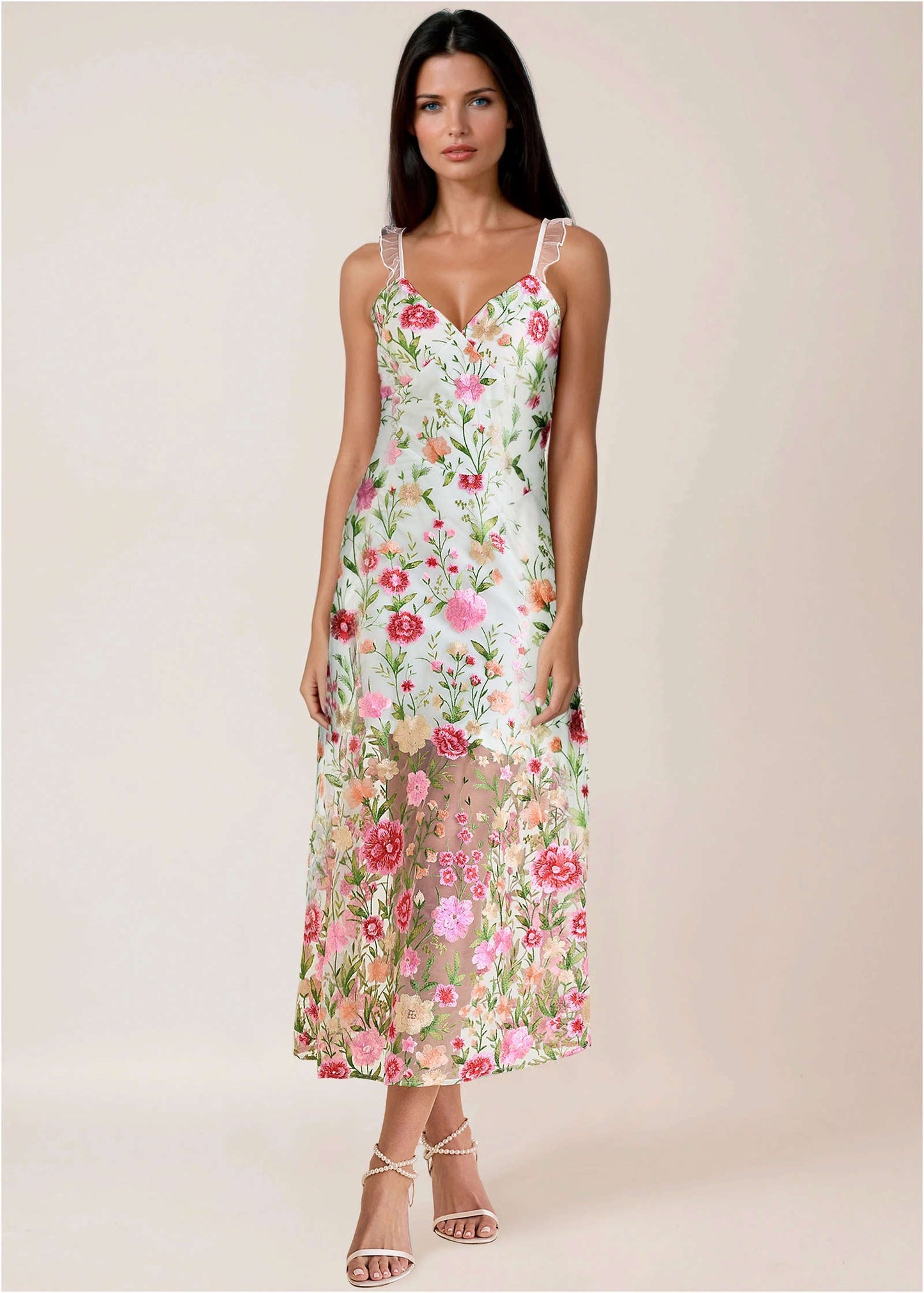 Sheer Embroidered Maxi Dress White Multi | Venus Affordable