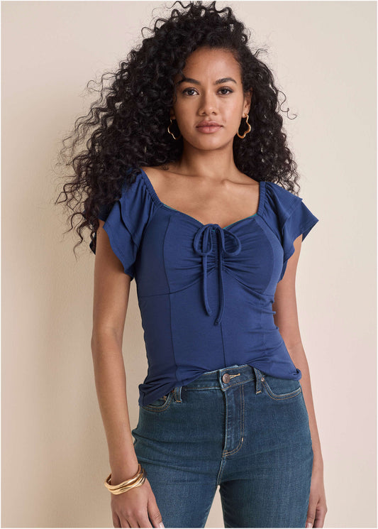 Ruffle Tie Front Short Sleeve Bellweather Blue | Venus Popular Choice