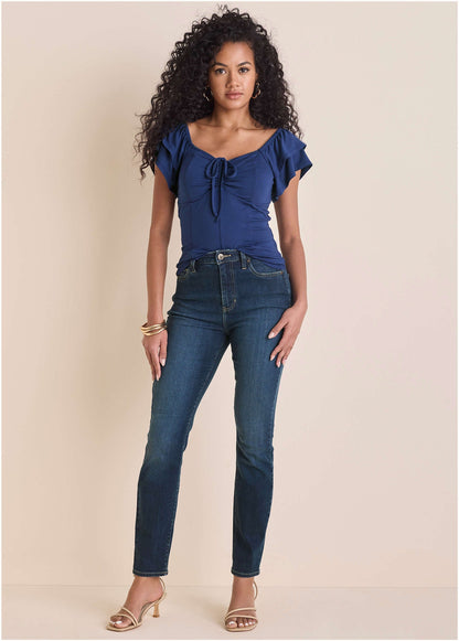 Ruffle Tie Front Short Sleeve Bellweather Blue | Venus Popular Choice