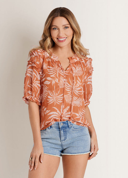 Short Sleeve Ruffle Top Pinstripe Palm | Venus Limited Edition