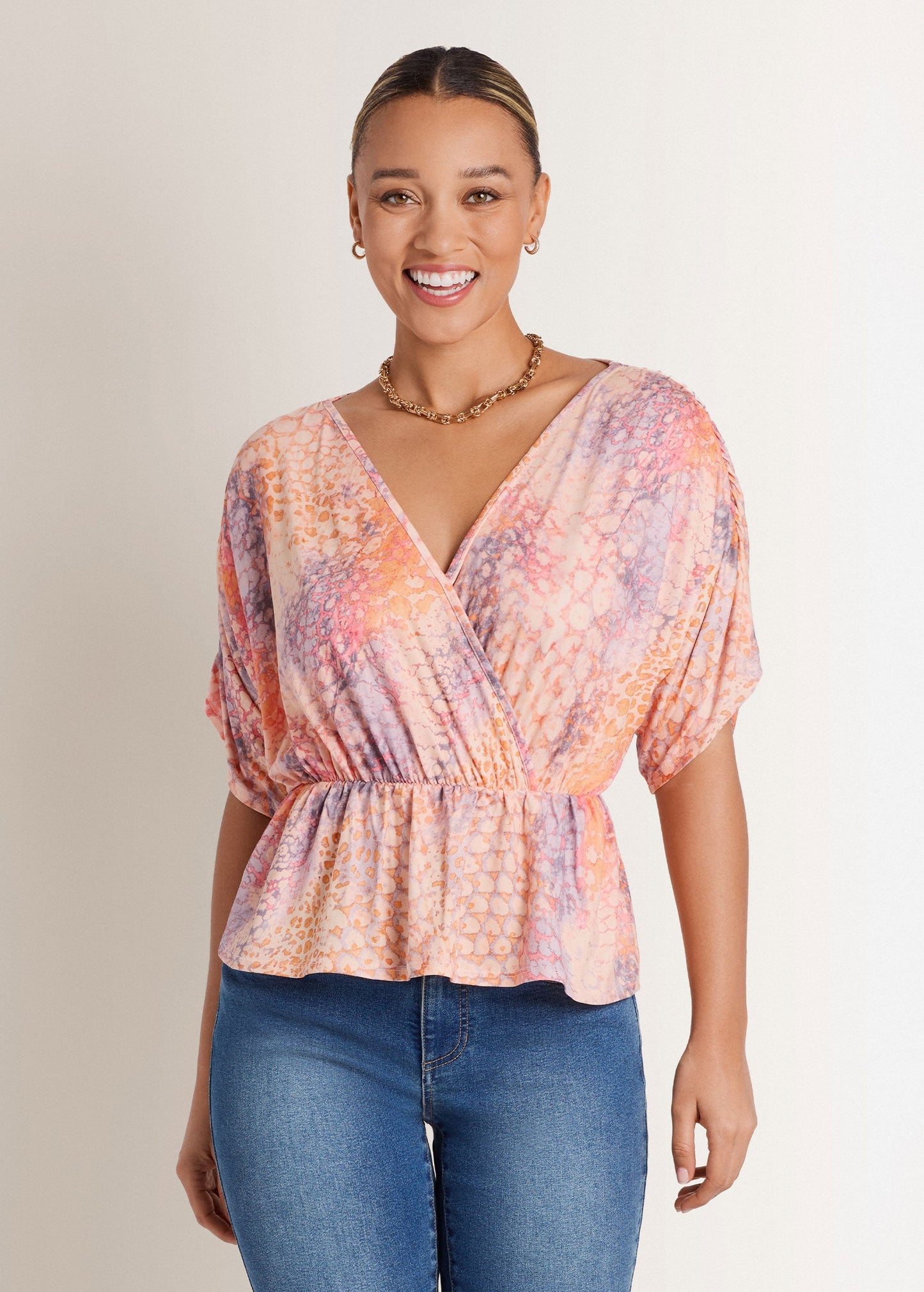 V-Neck Dolman Sleeve Top Orange Multi | Venus Budget Friendly