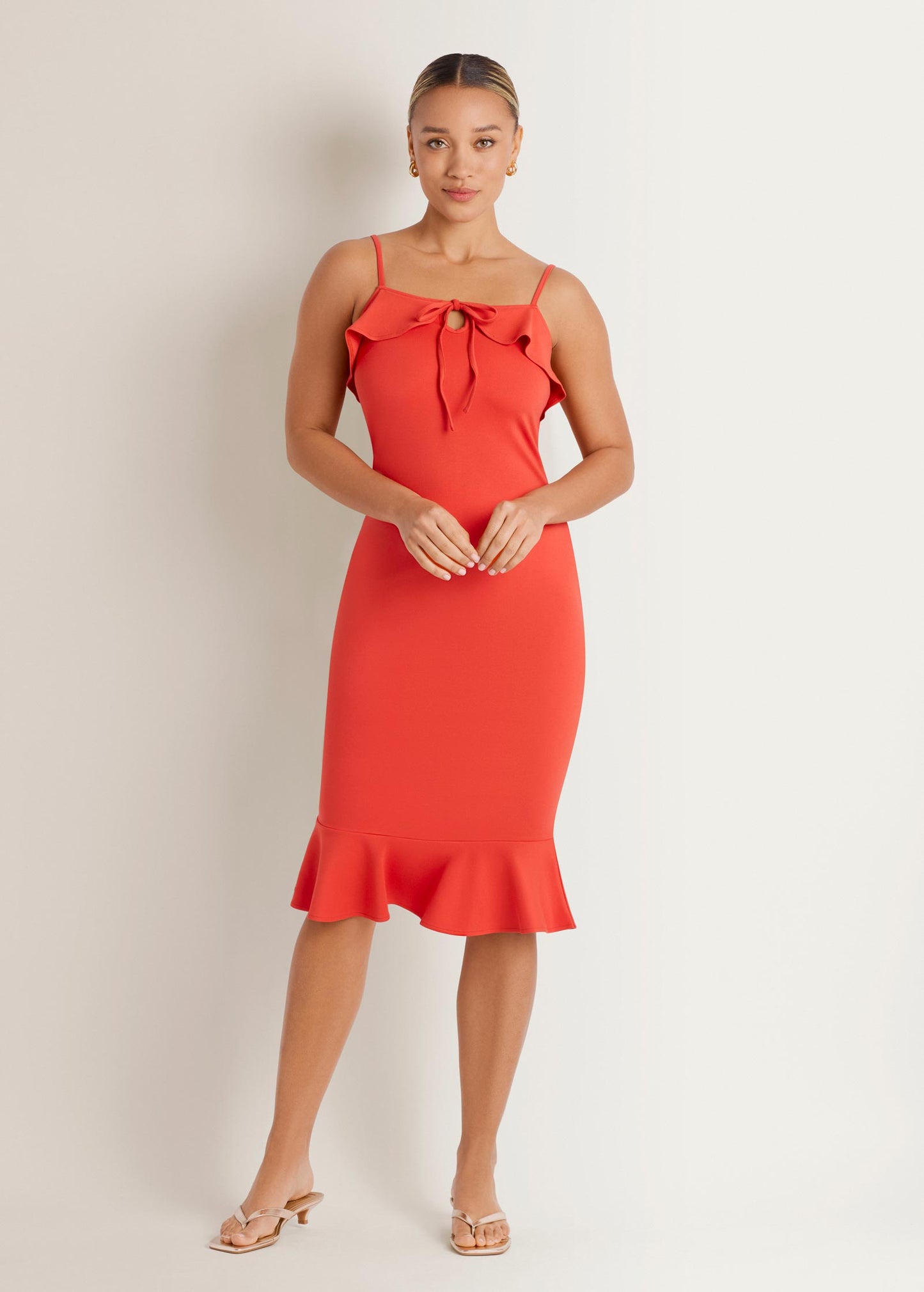 Light Weight Ponte Bow Detail Ruffle Knee Dress Paprika | Venus Customer Favorite