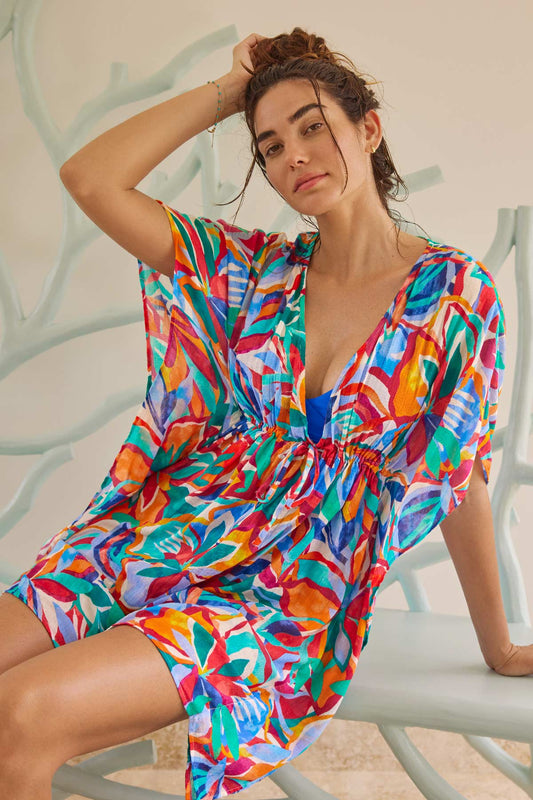 Mimi Flamingo Radiant Floral Dune Mini Caftan | Venus Affordable