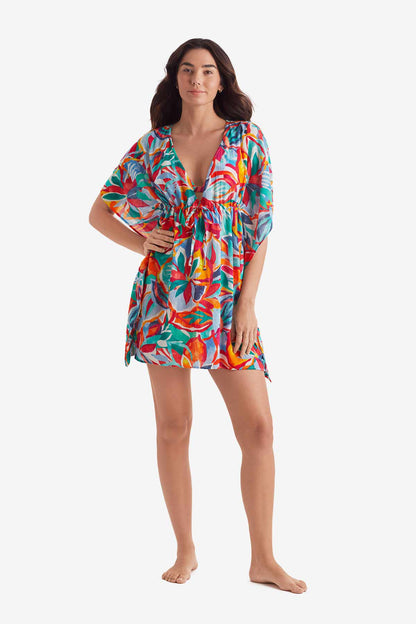 Mimi Flamingo Radiant Floral Dune Mini Caftan | Venus Affordable