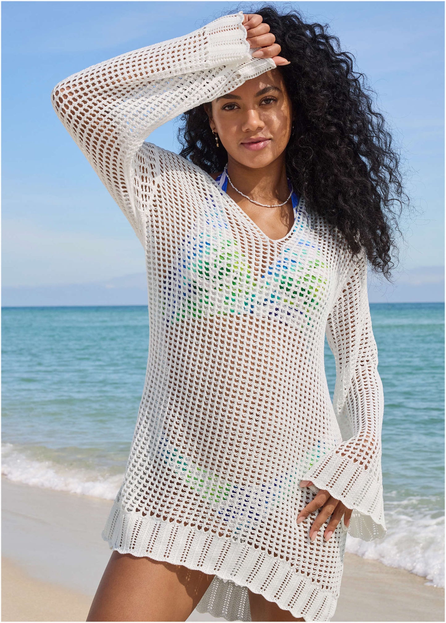 Open Stitch Hooded Coverup - White | Venus Affordable