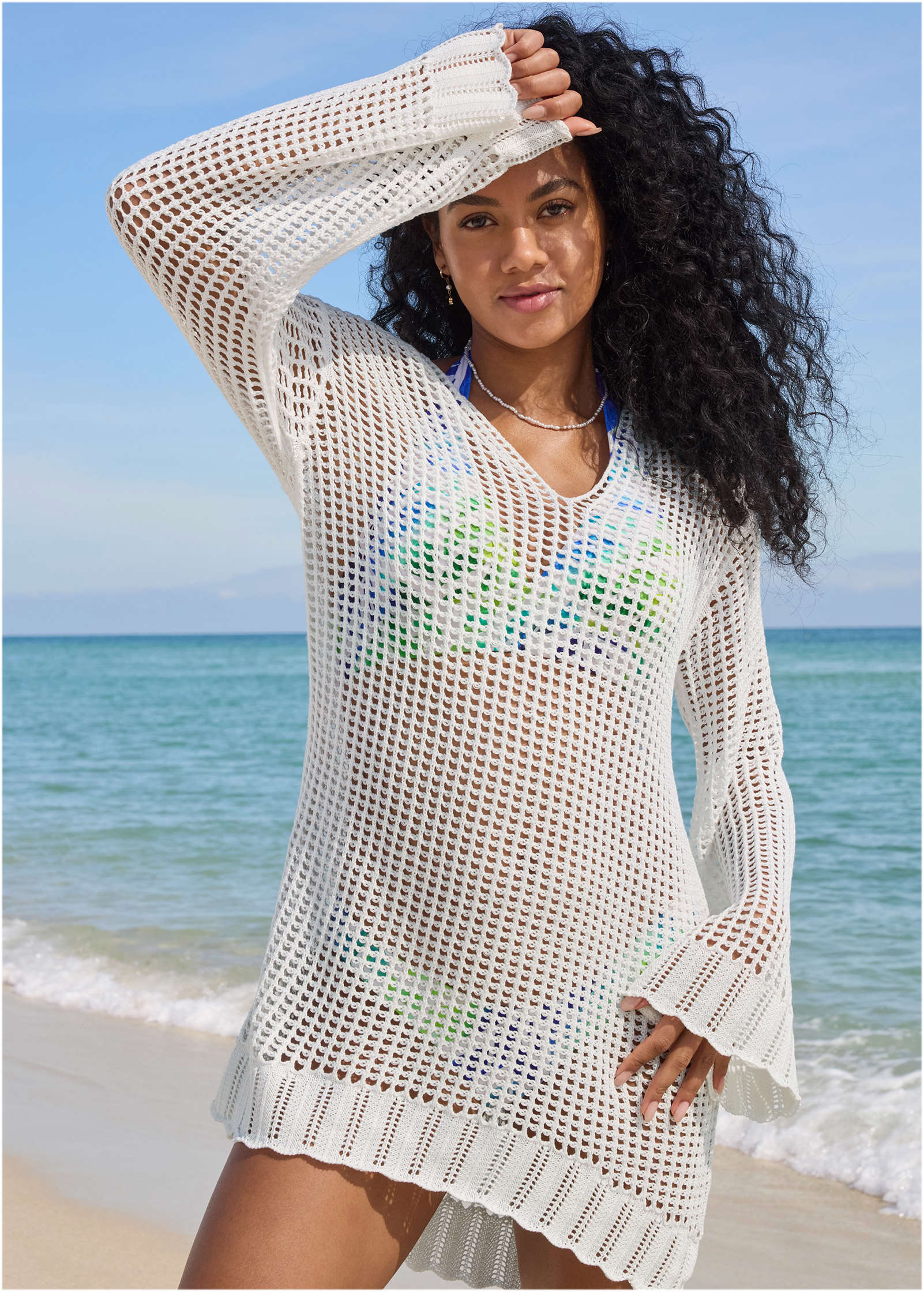 Open Stitch Hooded Coverup - White | Venus Affordable