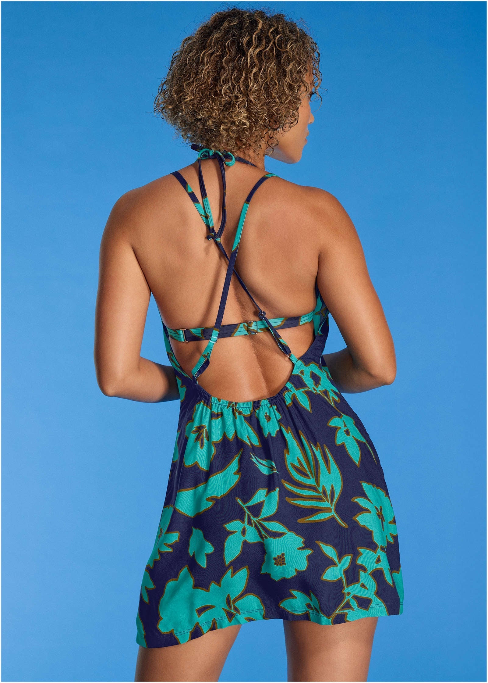 Low Back Cover-Up Dress - Blue Block Floral | Venus Popular Choice