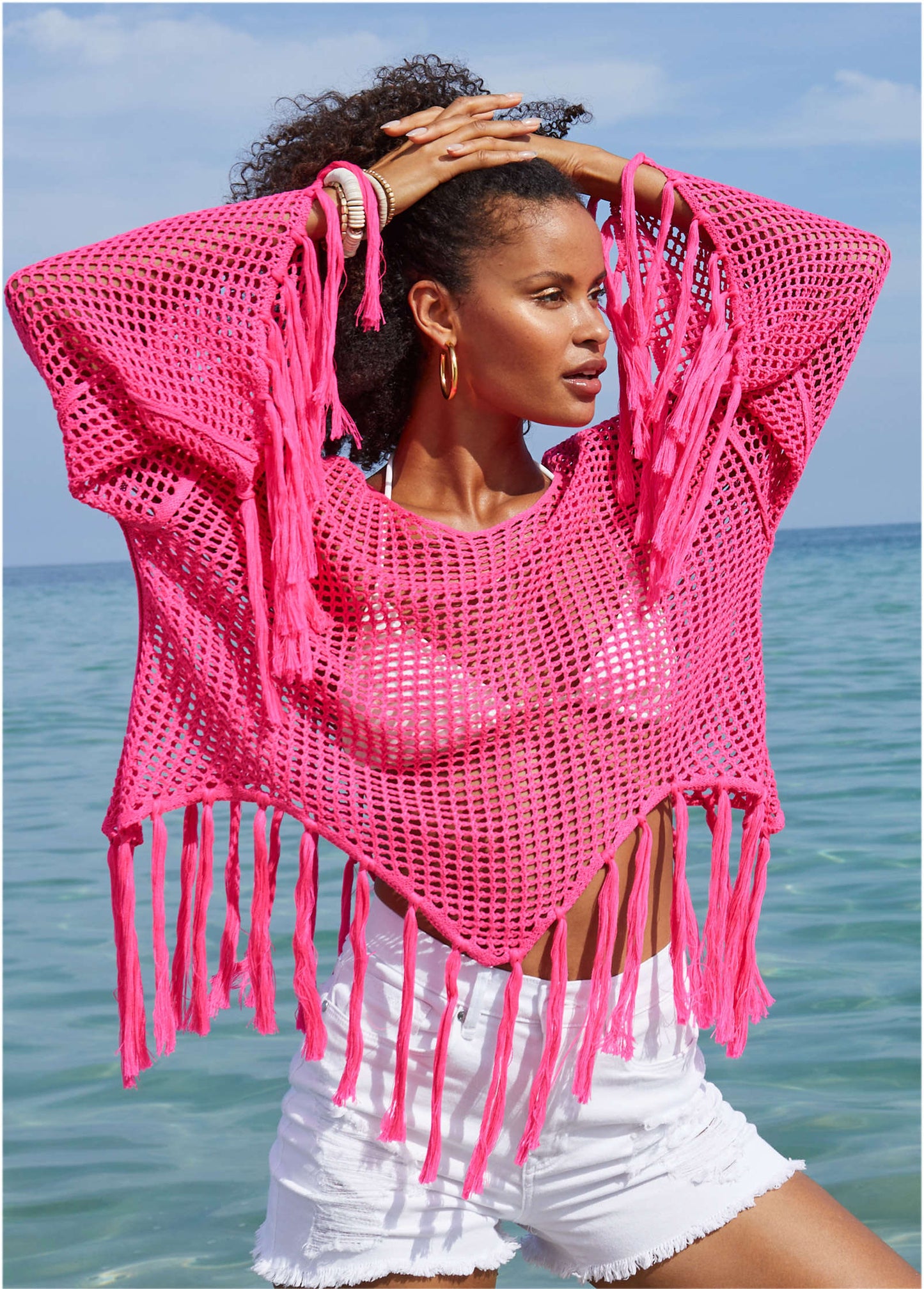 Fringe Crochet Cover-Up Top - Hot Pink | Venus Great Deal