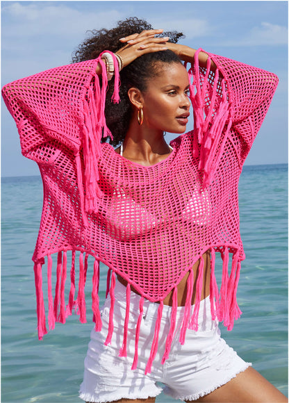 Fringe Crochet Cover-Up Top - Hot Pink | Venus Great Deal