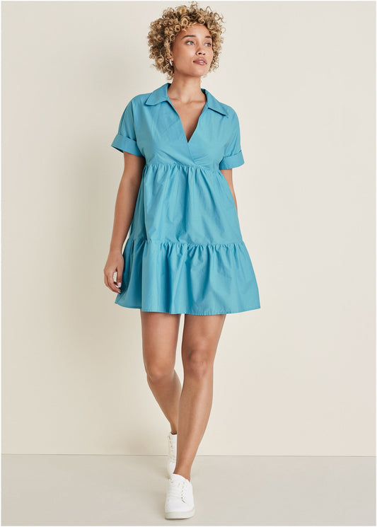 Cotton Poplin Tiered Dress - Blue | Venus Sale