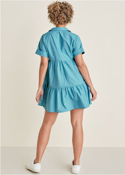 Cotton Poplin Tiered Dress - Blue | Venus Sale