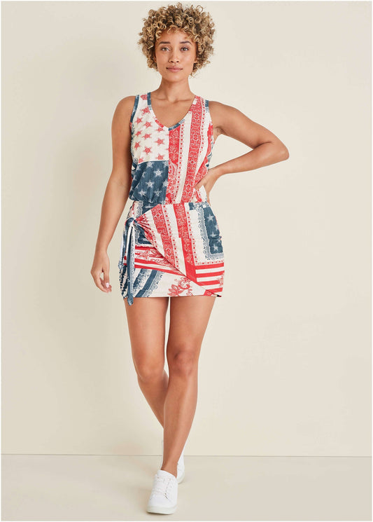 V-Neck Side Wrap Mini Dress - Americana Patchwork Stripe | Venus Value