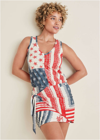 V-Neck Side Wrap Mini Dress - Americana Patchwork Stripe | Venus Value