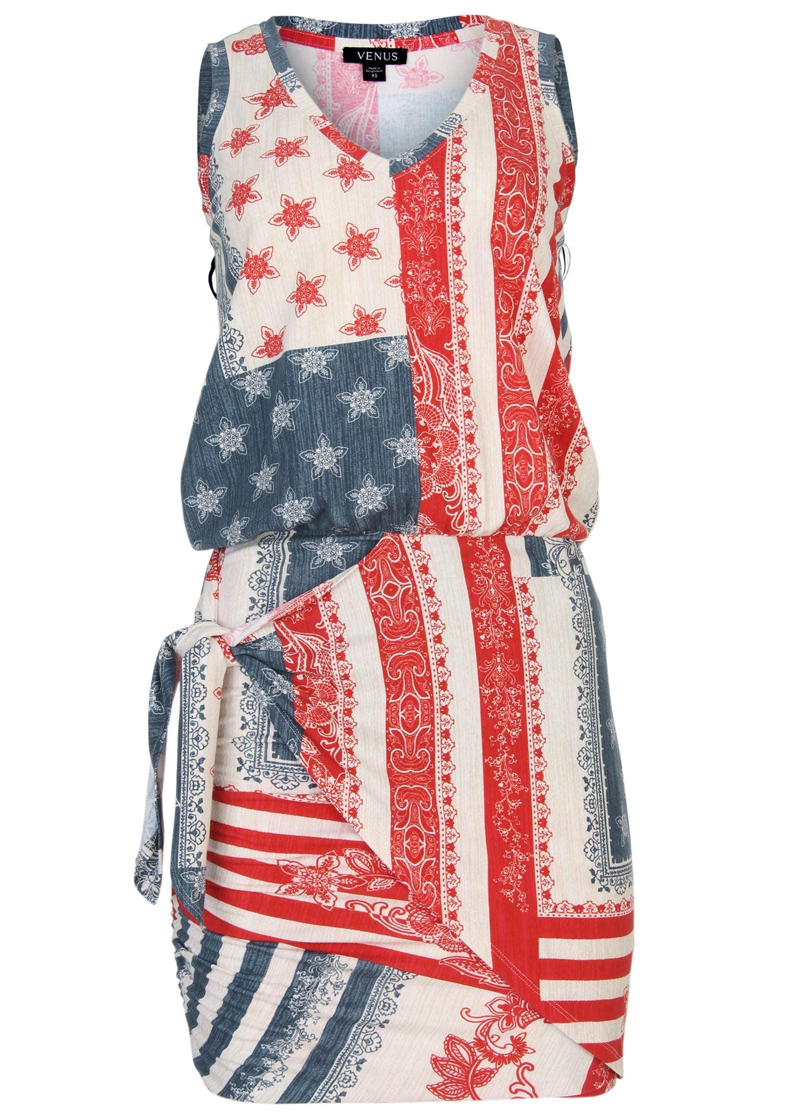 V-Neck Side Wrap Mini Dress - Americana Patchwork Stripe | Venus Value