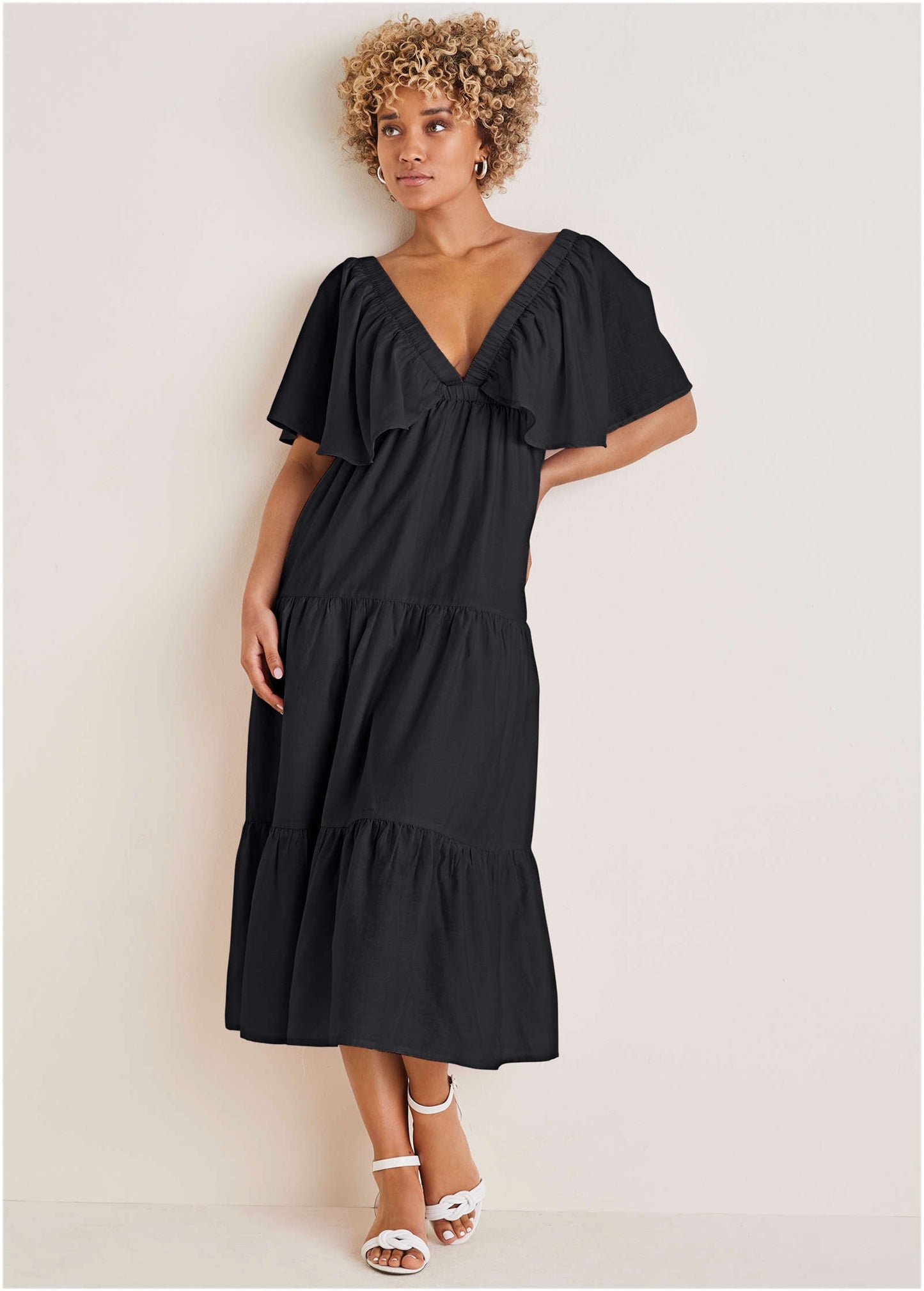 Crinkle Midi Dress - Black | Venus Great Deal