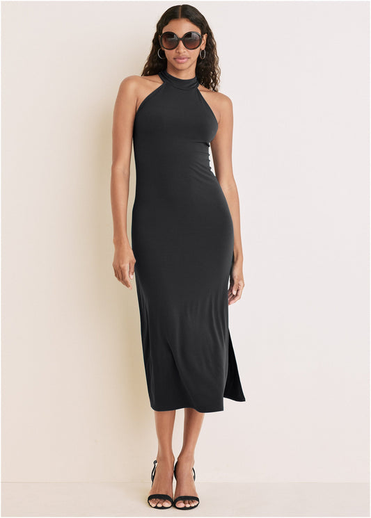 High Neck Midi Dress - Jet Black | Venus Cost Saving