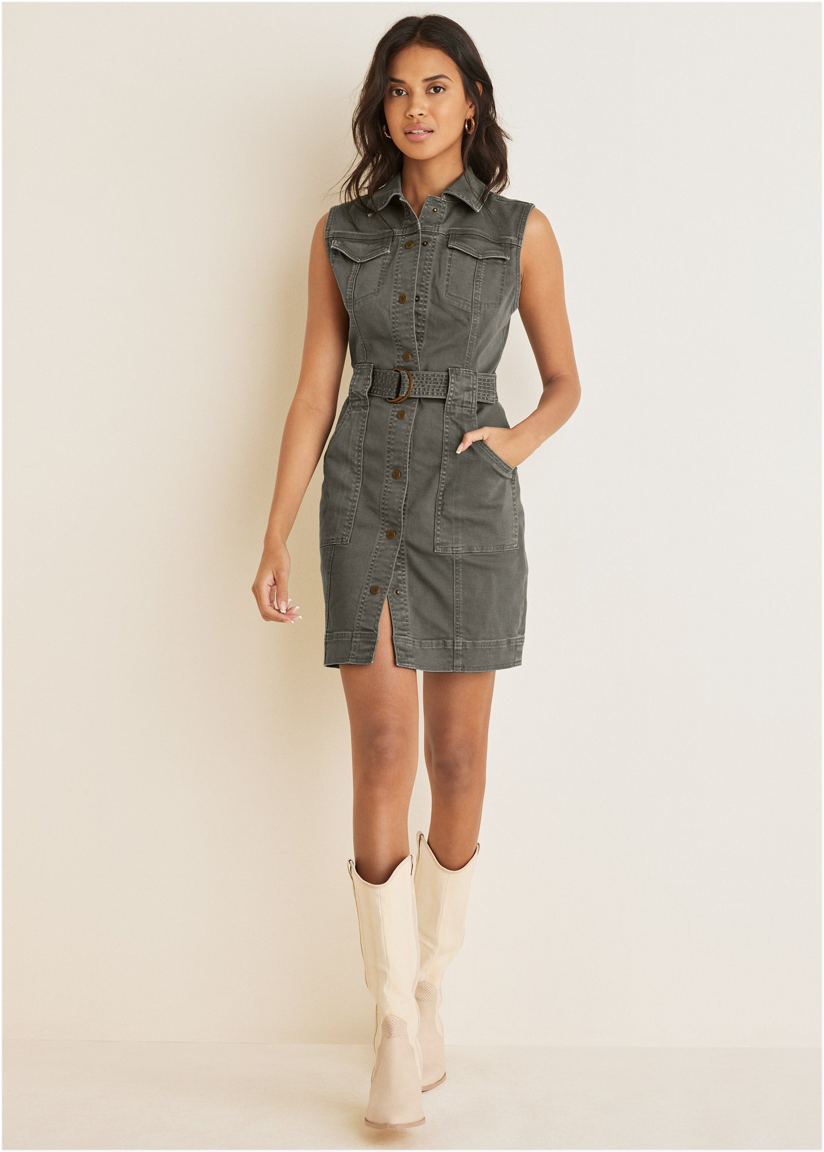 Colored Twill Utility Dress - Olive | Venus Value