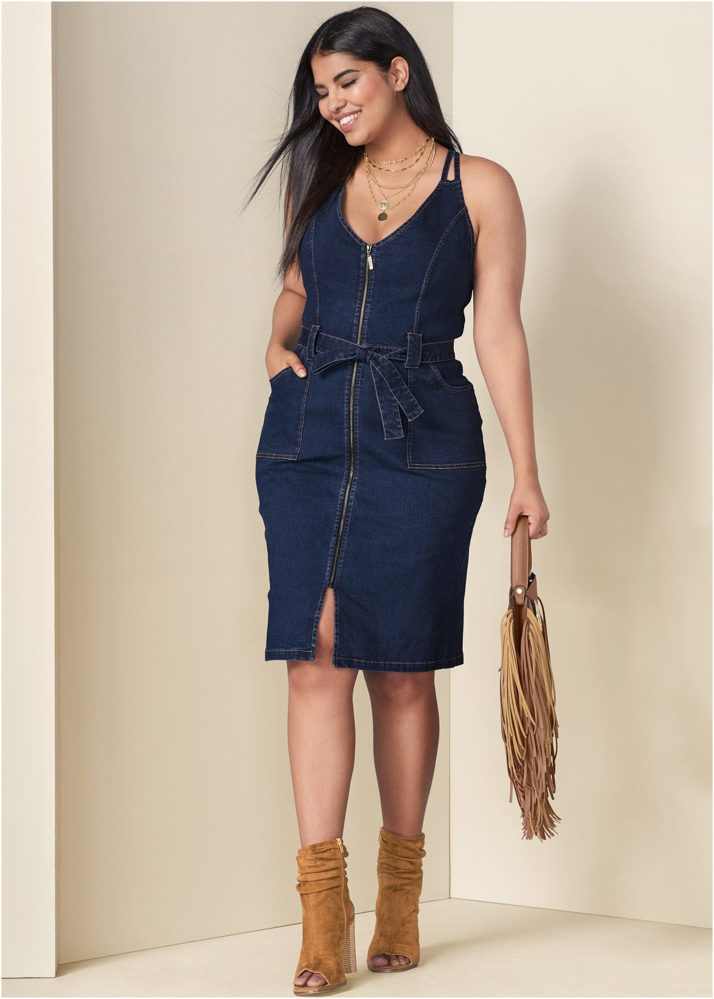Denim Dress With Zipper - Dark Wash | Venus Featured