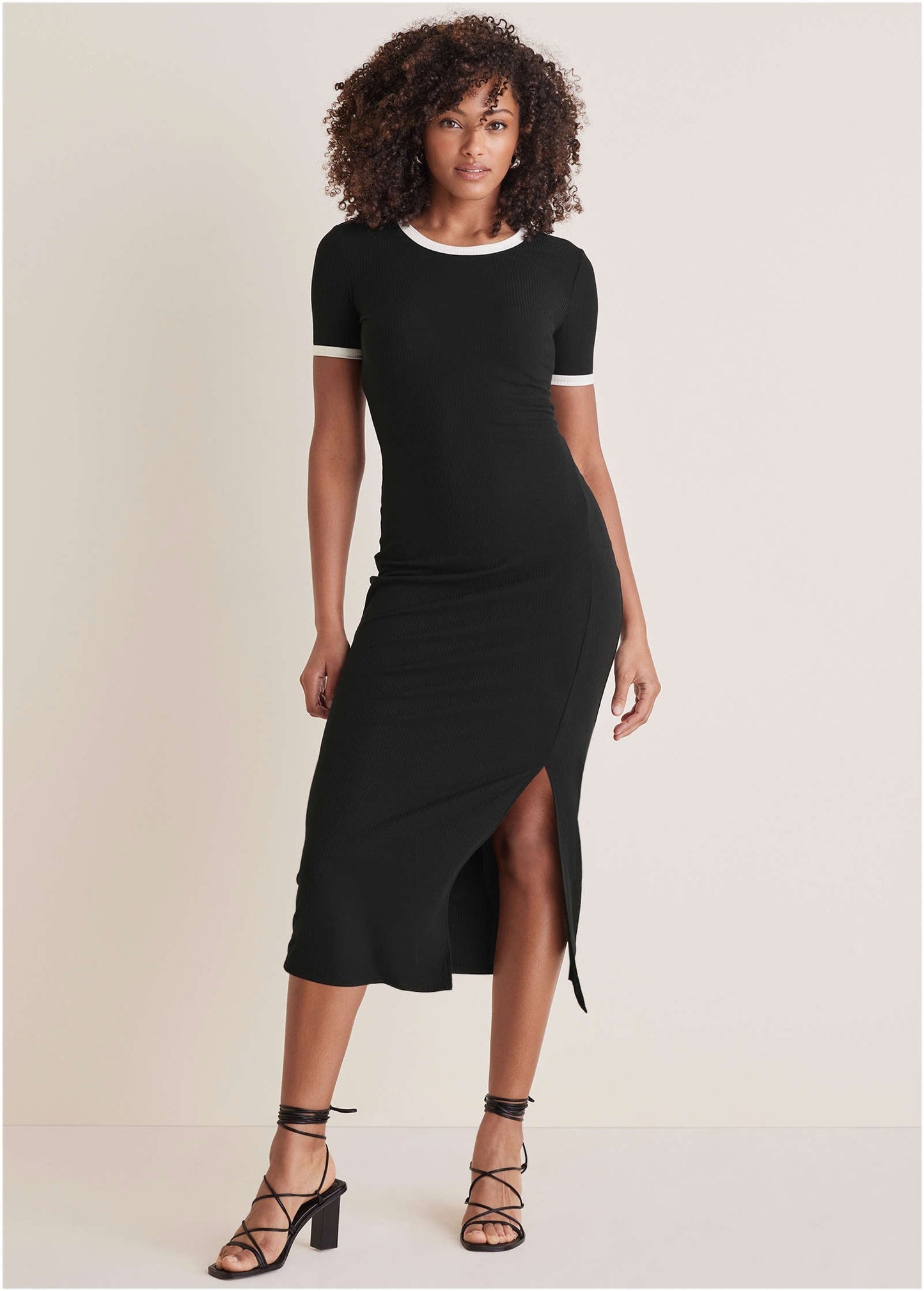 Ribbed Contrast Midi Dress - Jet Black | Venus Value
