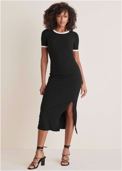 Ribbed Contrast Midi Dress - Jet Black | Venus Value